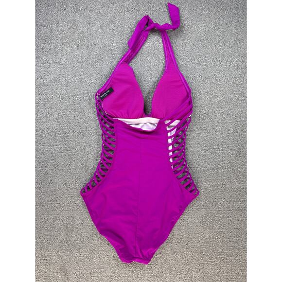 Kenneth Cole New York One Piece Swimsuit Halter Cut Out Sides Fuchsia Medium - Picture 4 of 11